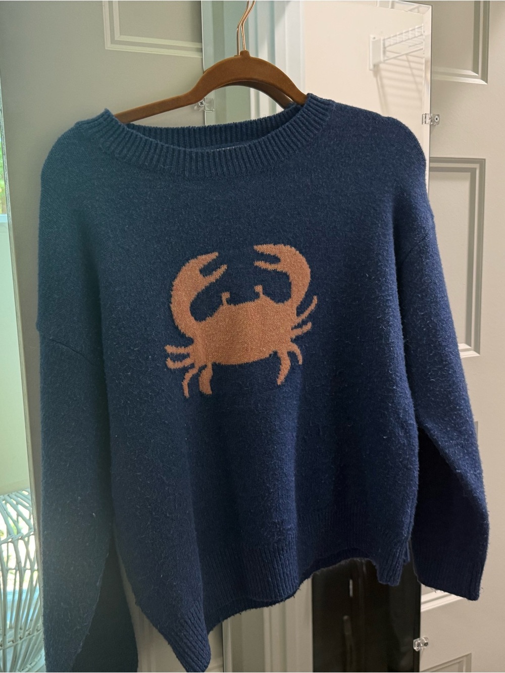 Navy Crewneck Sweater with Tan Crab Motif - Women